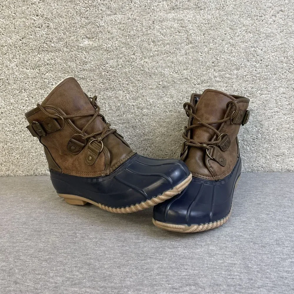 Magellan Outdoors Duck Boots Women's 8M Navy Blue/Brown‎ Blue Plaid Lining
